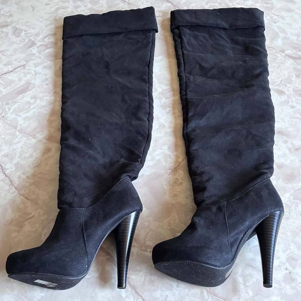 Michael Antonio Black Suede Fold-Over Thigh High Platform Boots